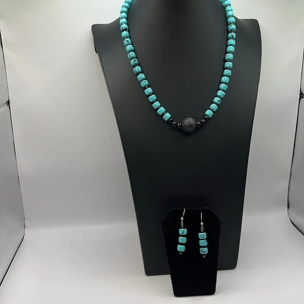 Faux Turquoise Set Necklace,Earrings Blue and Black Beads. Southwestern Western - Image 2