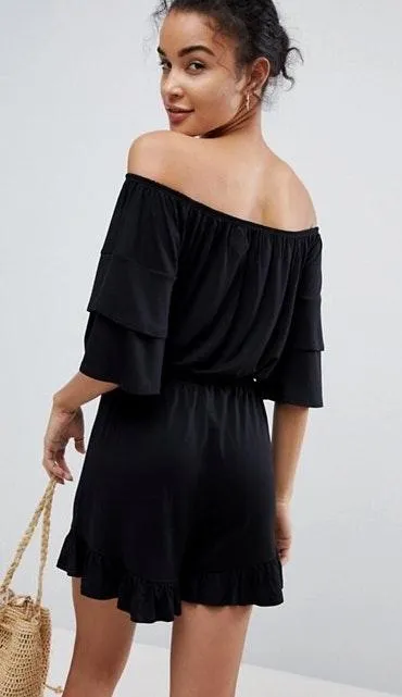 Black Off the Shoulder Frill Hem Romper - Image 2
