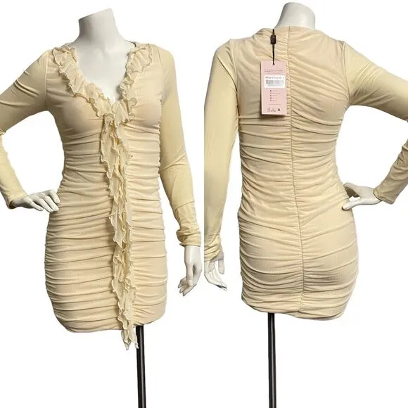 Oh Polly Yara Ruffle Mini Dress Beige Fitted Long Sleeve Women's Size 6 Clubwear - Image 2