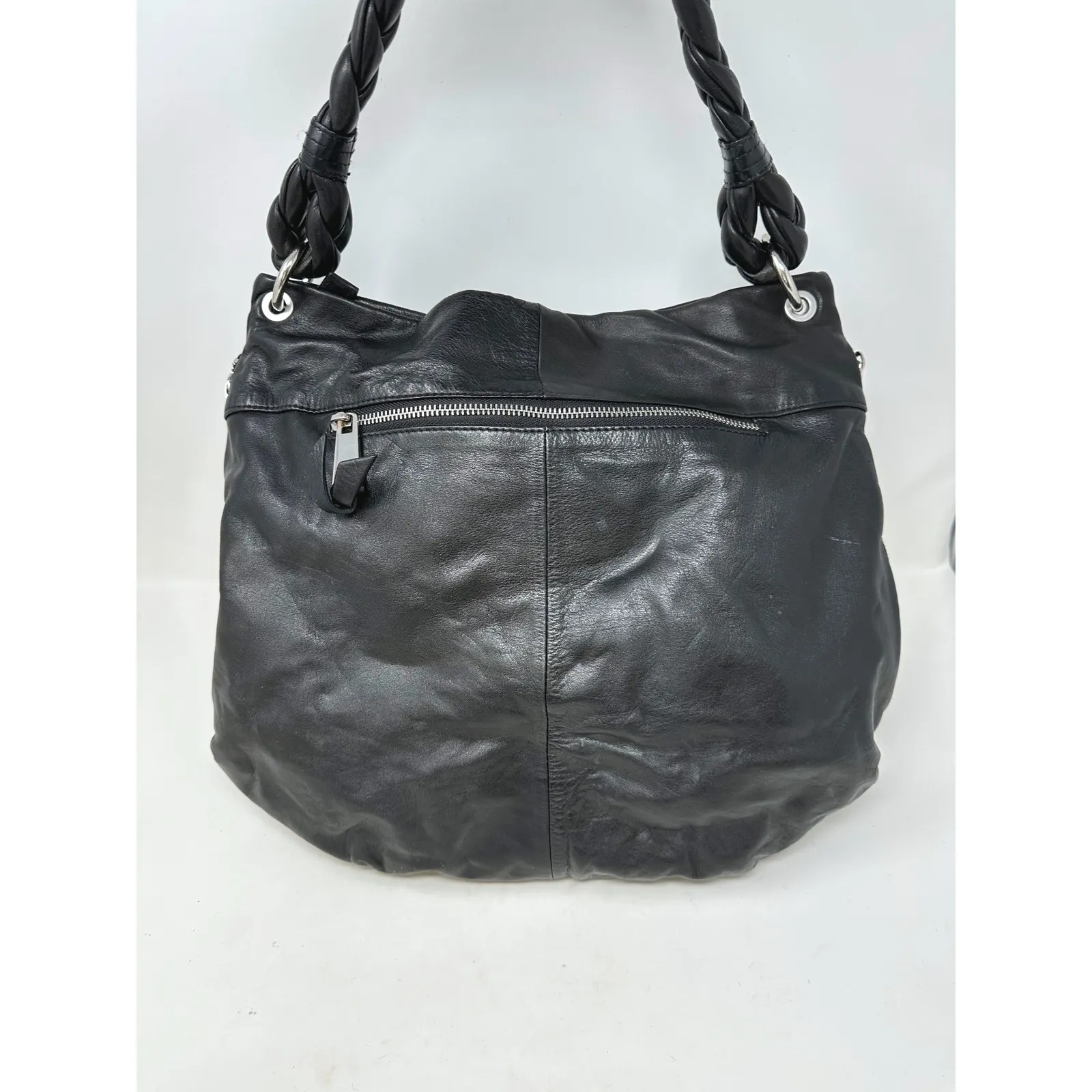 Kenar Whip Stitch Braded Strap Leather Shoulder Bag Black - Image 5