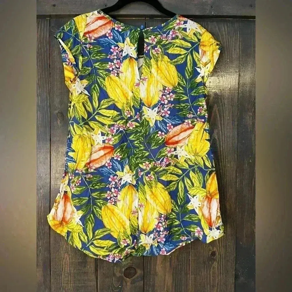 Rachel Roy Tropical Floral Print Cap Sleeve Blouse Summer Top Navy Yellow XS D17 - Image 5