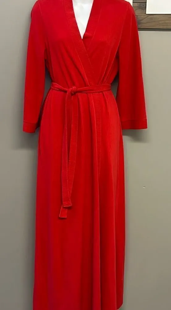 Vintage Vanity Fair Vibrant Red Full-Length Ribbed Wrap V-Neck Robe with Belt-Sm - Image 1