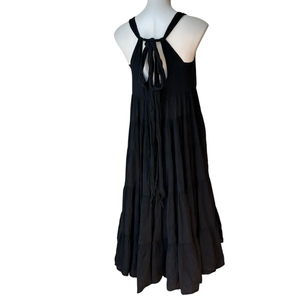 Greek Archaic Kori Black Cotton Gauze Tiered Flowy Maxi Halter Dress, Sz XS - Image 5