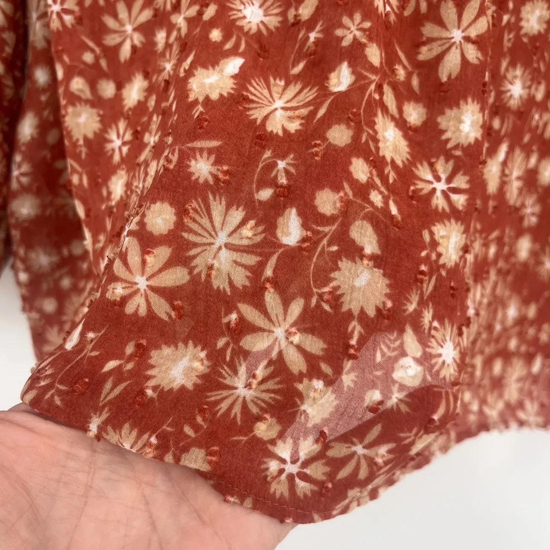 Black Tape Floral Peasant Top Sz 2X Rust Ruffle Sheer Chiffon Boho Swiss Dot Brown - Image 8