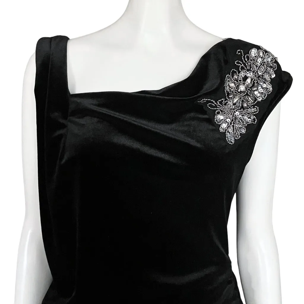 Vintage Y2K Black Velvet Asymmetrical Rhinestone Sequin Beaded Going Out Top M/L Size M - Image 6
