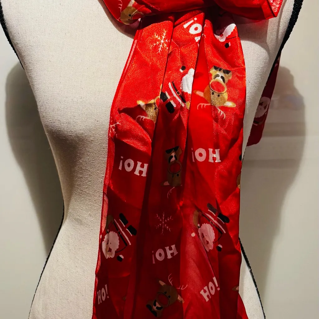 Cute Santa and Reindeer Long Silky Chifforn Satin Scarves Wrap Tie Red - Image 7