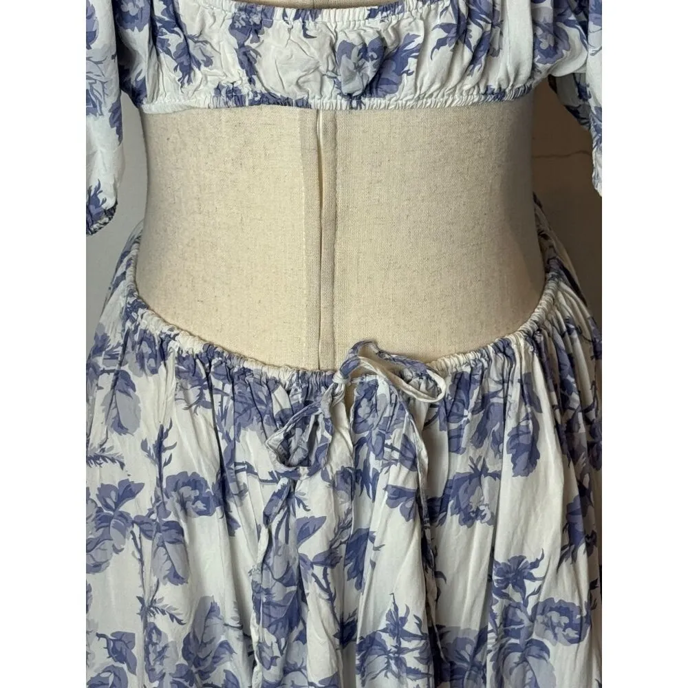 Bardot Dress Women Large Blue‎ White Floral Print Cut Out Eden Mini Cottagecore - Image 10