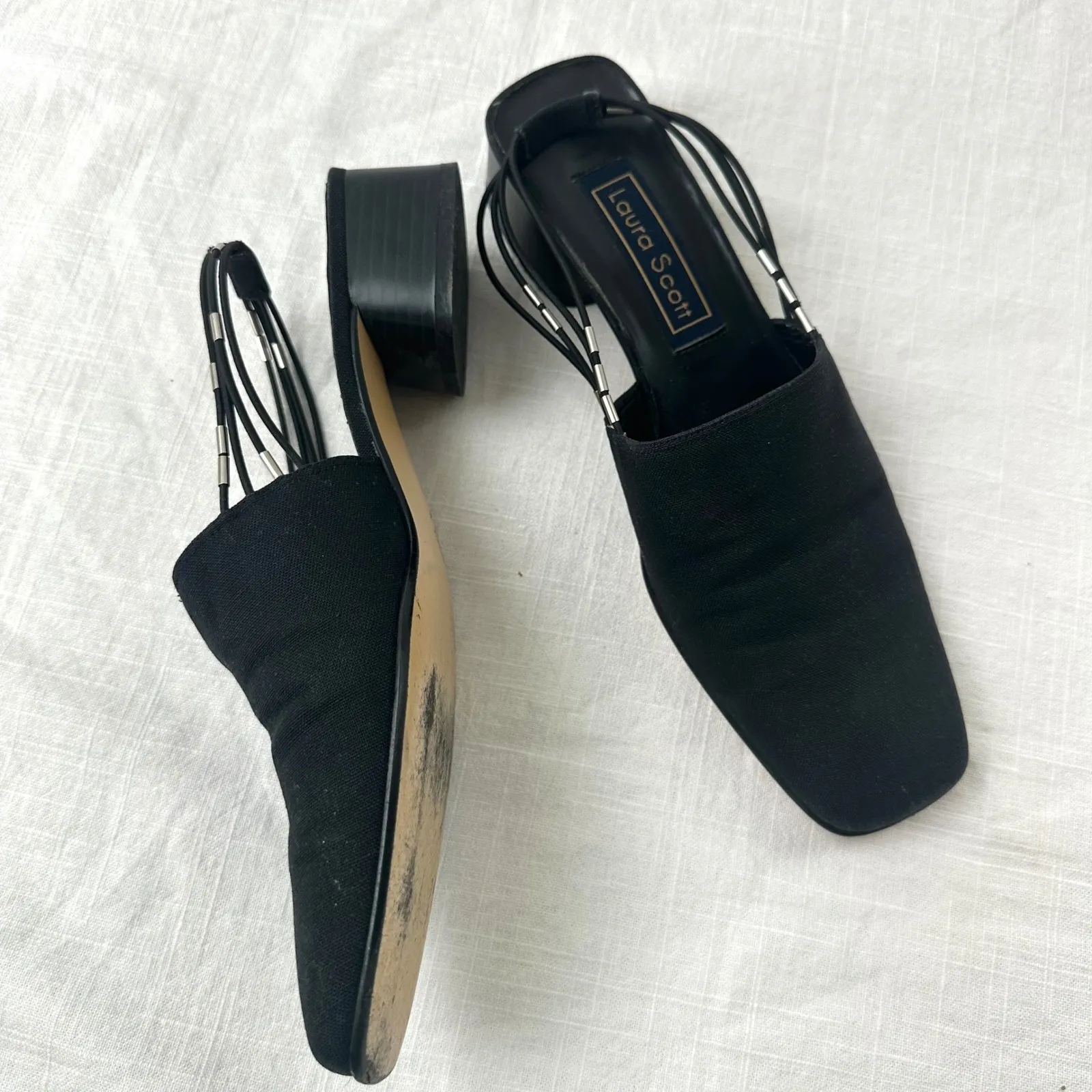 Laura Scott‎ Vintage 90s Black Mule Slingback Heels Block Heel Square Toe 8.5M - Image 9