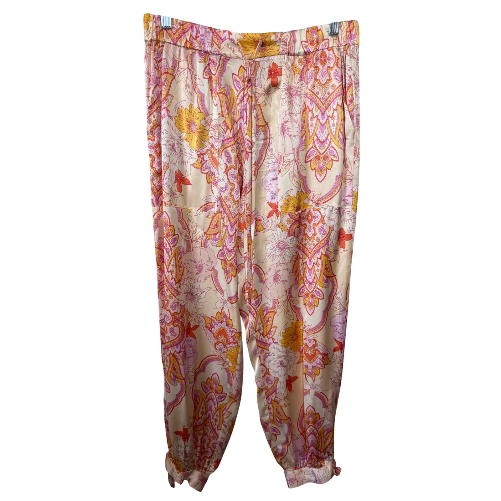 ZARA Paisley Print Elastic Waist Jogger Pants Cream Orange Pink Size L - Image 5