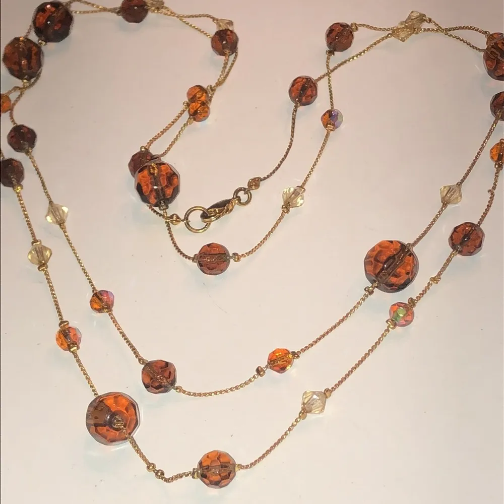 Gold Tone Amber AB Glass Beads Beaded Long Strand Boho Necklace - Image 2