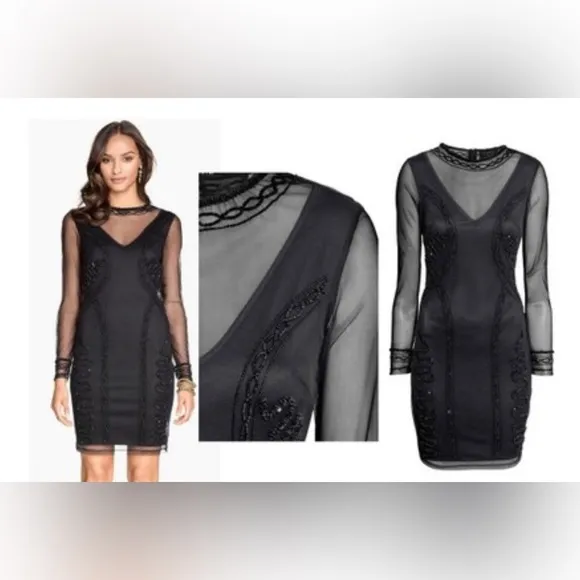 Black Mesh Illusion Neck Sheath Dress heavily Bead accent - Image 2