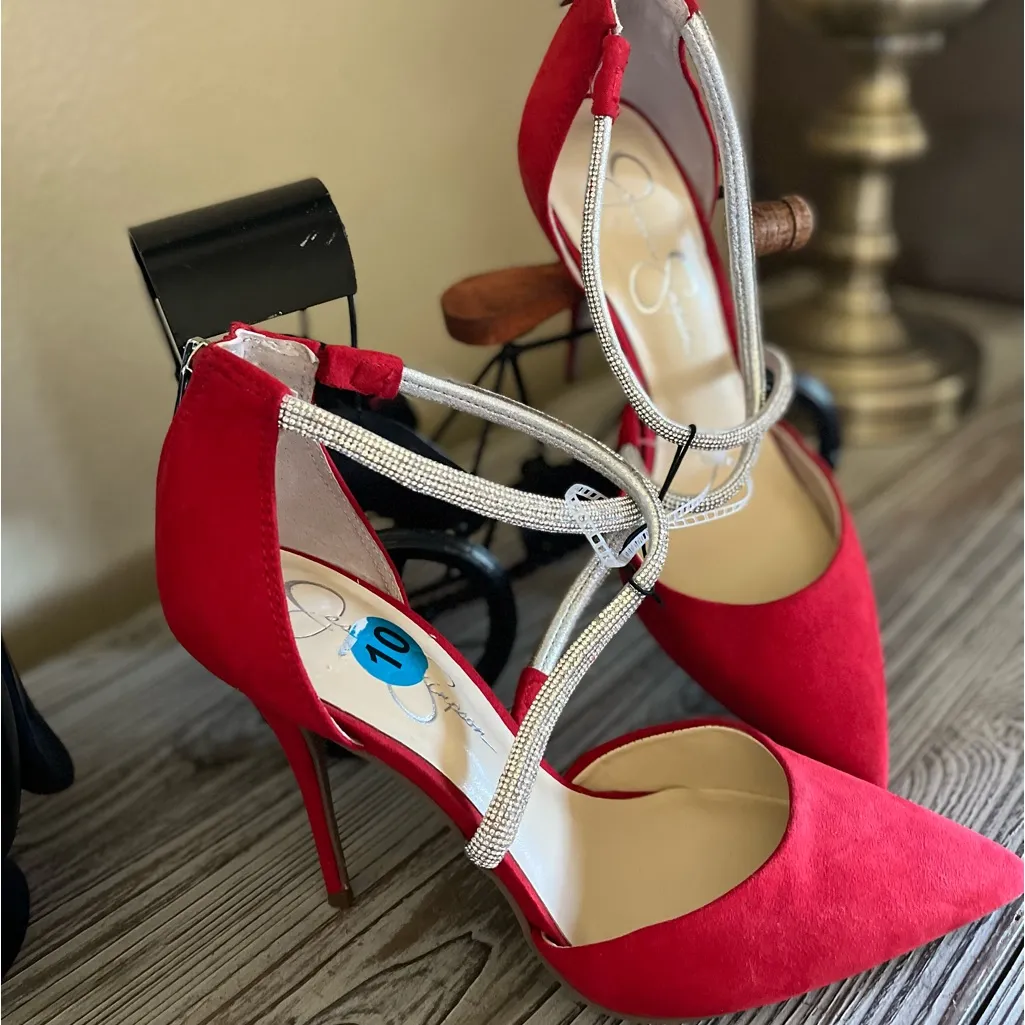 NEW JESSICA SIMPSON Rhinestone Glitter Pointed Toe Pump Festive Holiday Red 10 - Image 7