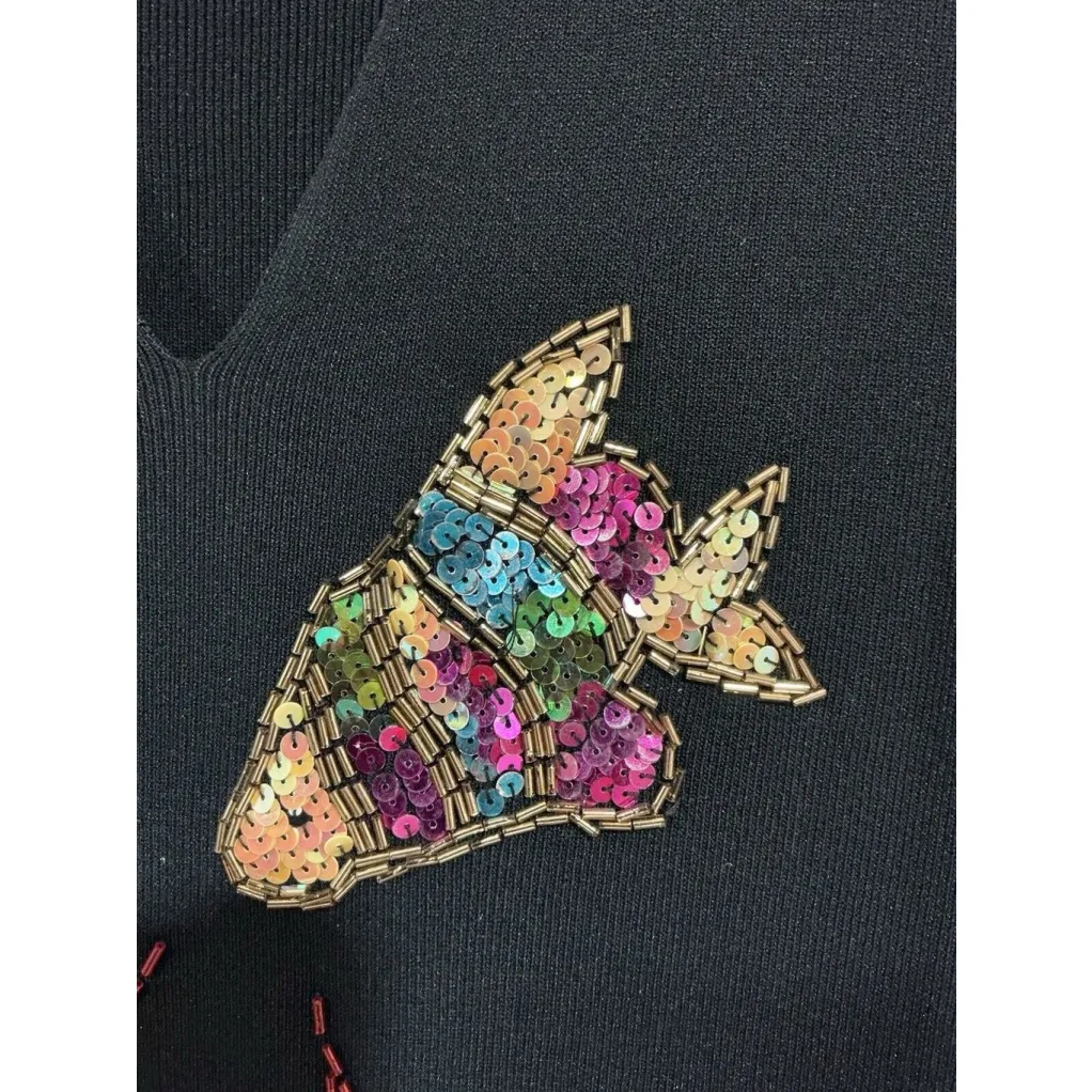 Woman’s Carducci V Neck Short Sleeve Black Top With Sequence Fish Large - Image 2