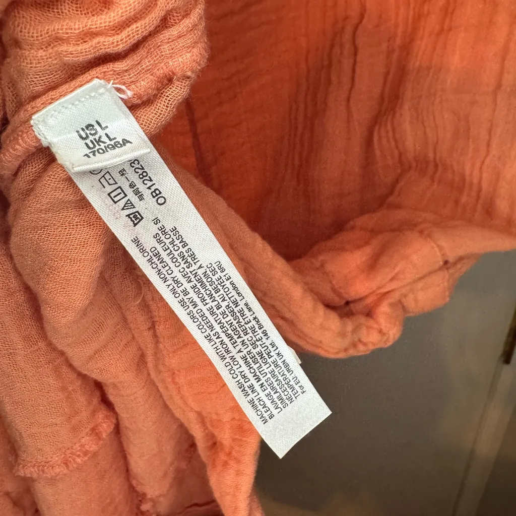 Orange Cotton Gauze Button-Up Romper Cinch Waist Size Large - Image 4