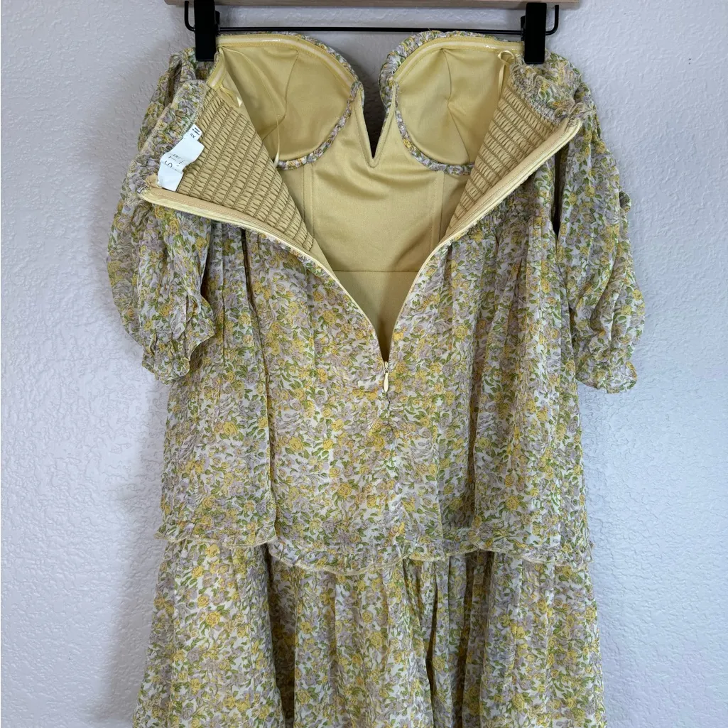 ASTR The Label Yellow Multi Floral Off The Shoulder Two Tier Mini Dress XS - Image 13