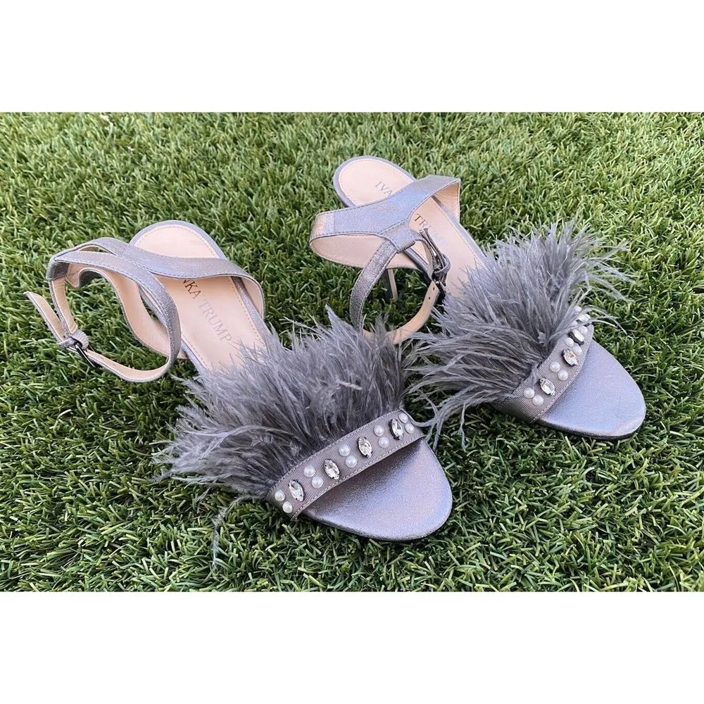 Ivanka Trump KASIE Pewter Multy Suede Jeweled Ostrich Feather High Heels Size 8M - Image 4