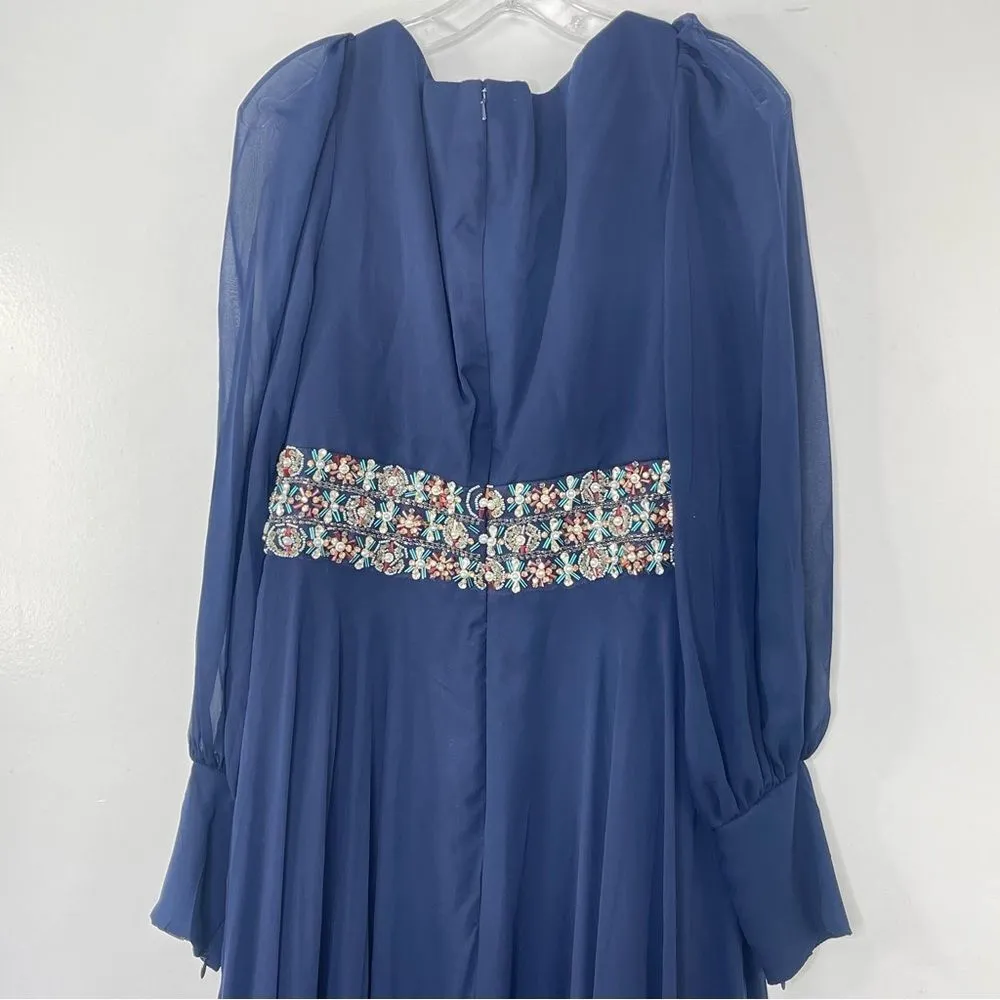 Mac Duggal 79390 Size 10 Bishop Sleeve Belt Detail Flowy Chiffon Gown, Midnight - Image 5