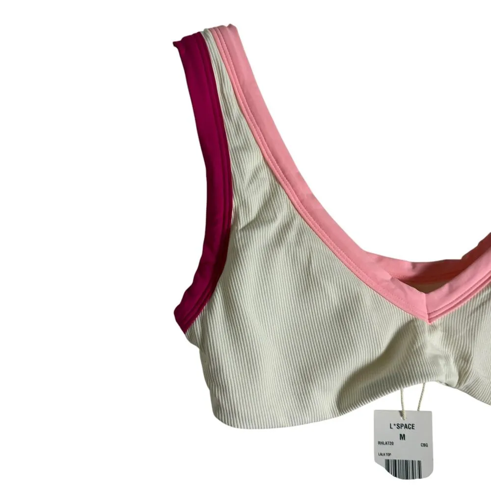 L*Space Lala White Pink Colorblock Sporty V-Neck Bikini Swimsuit Top Size M - Image 6
