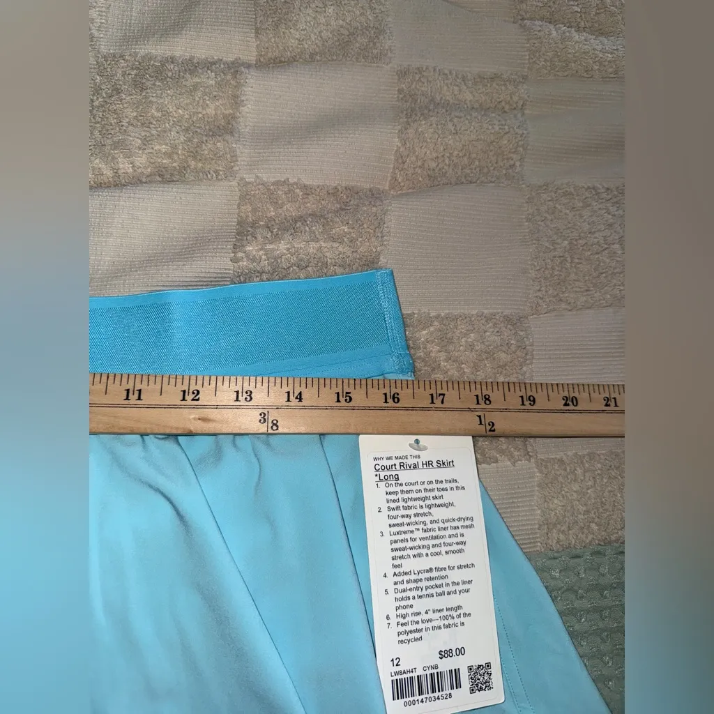 NWT Lululemon Court Rival HR Skirt in Cyan Blue size 12 Long - Image 3
