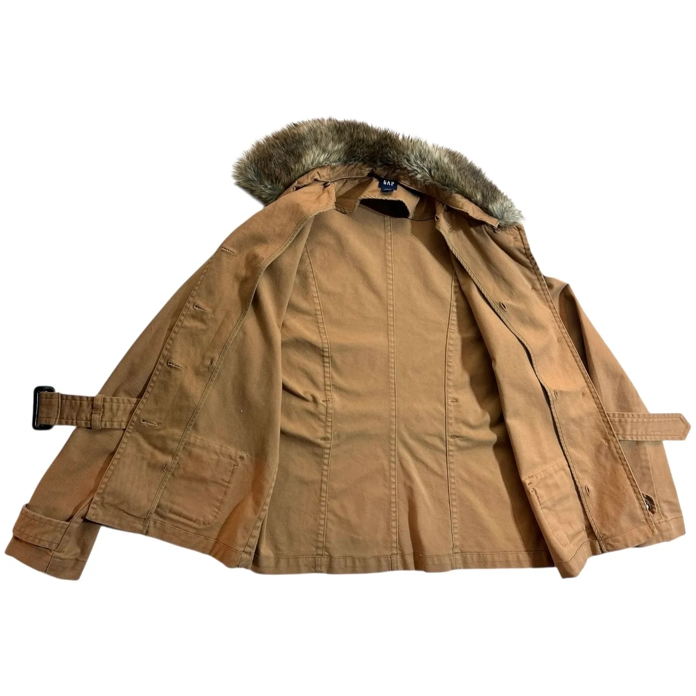  Vintage GAP Coat Jacket Utility Faux Fur Collar Liner Belted Medium Brown Y2K - Image 4