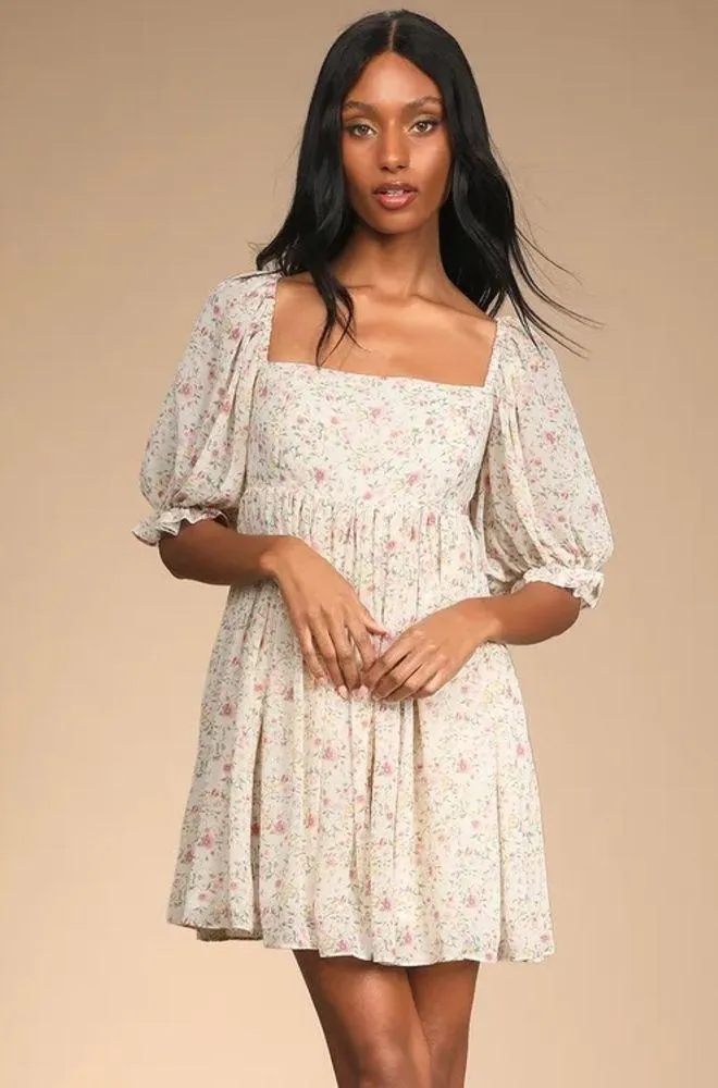 Lulus Sweet Daydreams White Floral Print Puff Sleeve Mini Dress Size M - Image 2