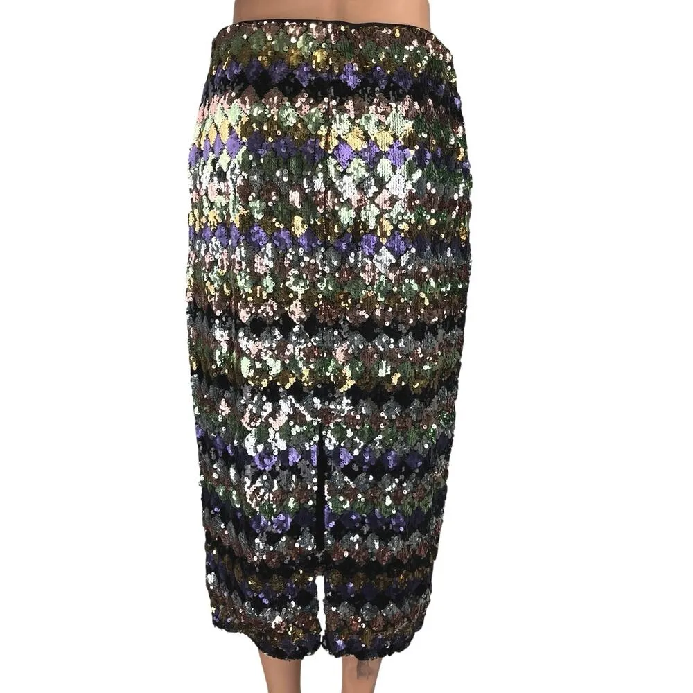 Zara Sequin Glitter Metallic Multicolor Striped Diamond Slit Midi Skirt Size M - Image 7