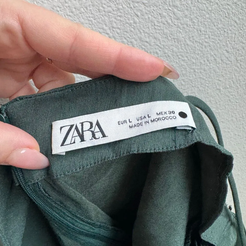Zara Forest Green Linen High Neck Draped Vacation Party Mini Dress Size Large - Image 5