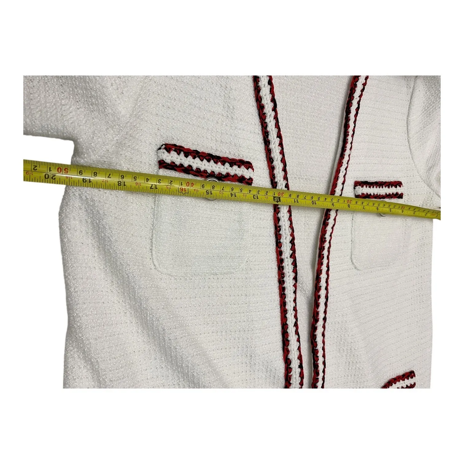 MISOOK White Textured Open Front Cardigan Jacket Womens Size M Red Trim Pockets - Image 9