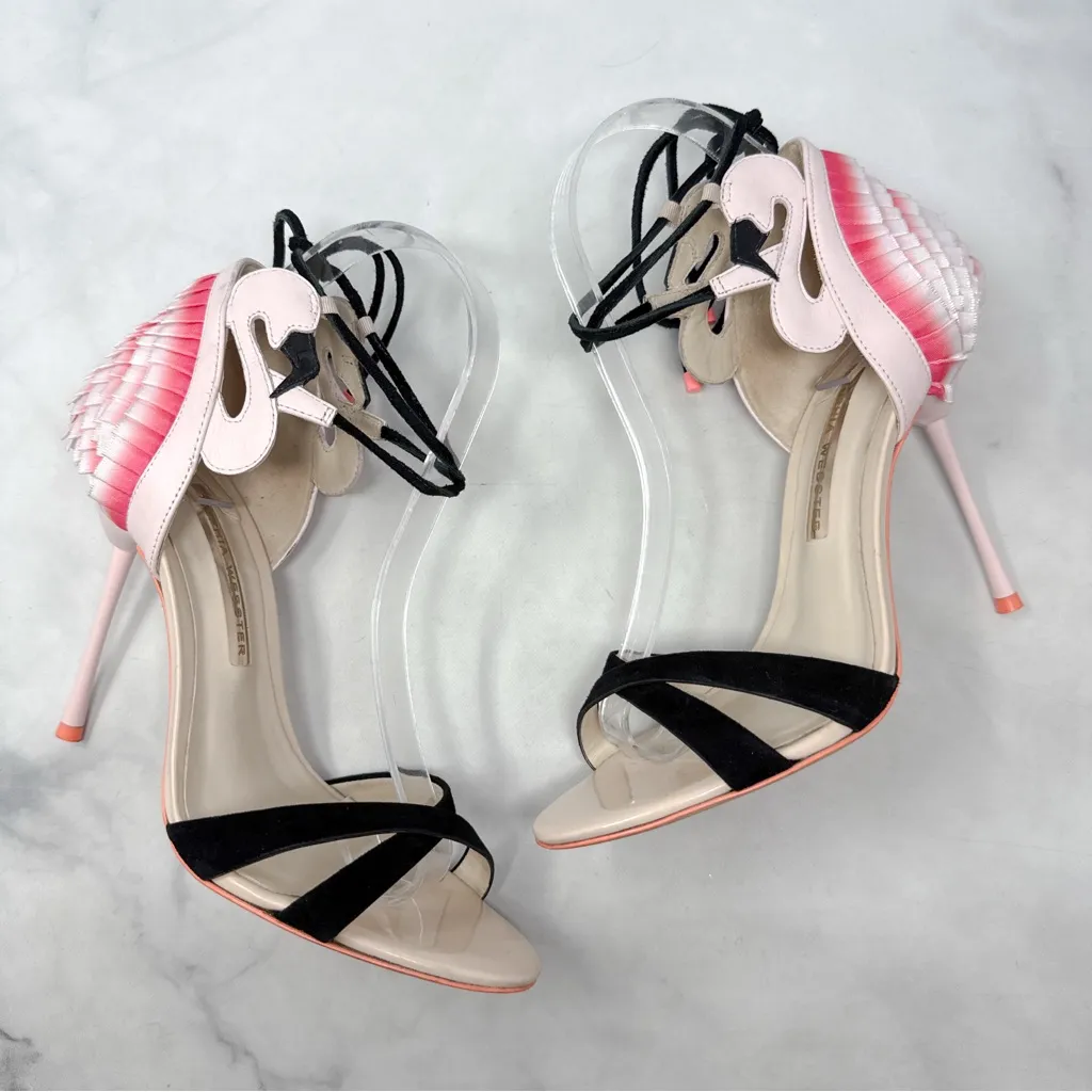 Sophia Webster Flamingo Frill Leather Ankle Wrap Stiletto Sandal Heels Pink 39 Size 8 - Image 5