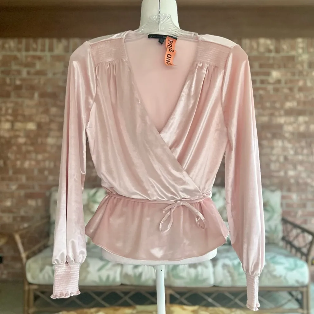 WHBM Top Velvet Peplum Pink Surplice V-neck Balloon Sleeve XS Cocktail Party Mod - Image 3