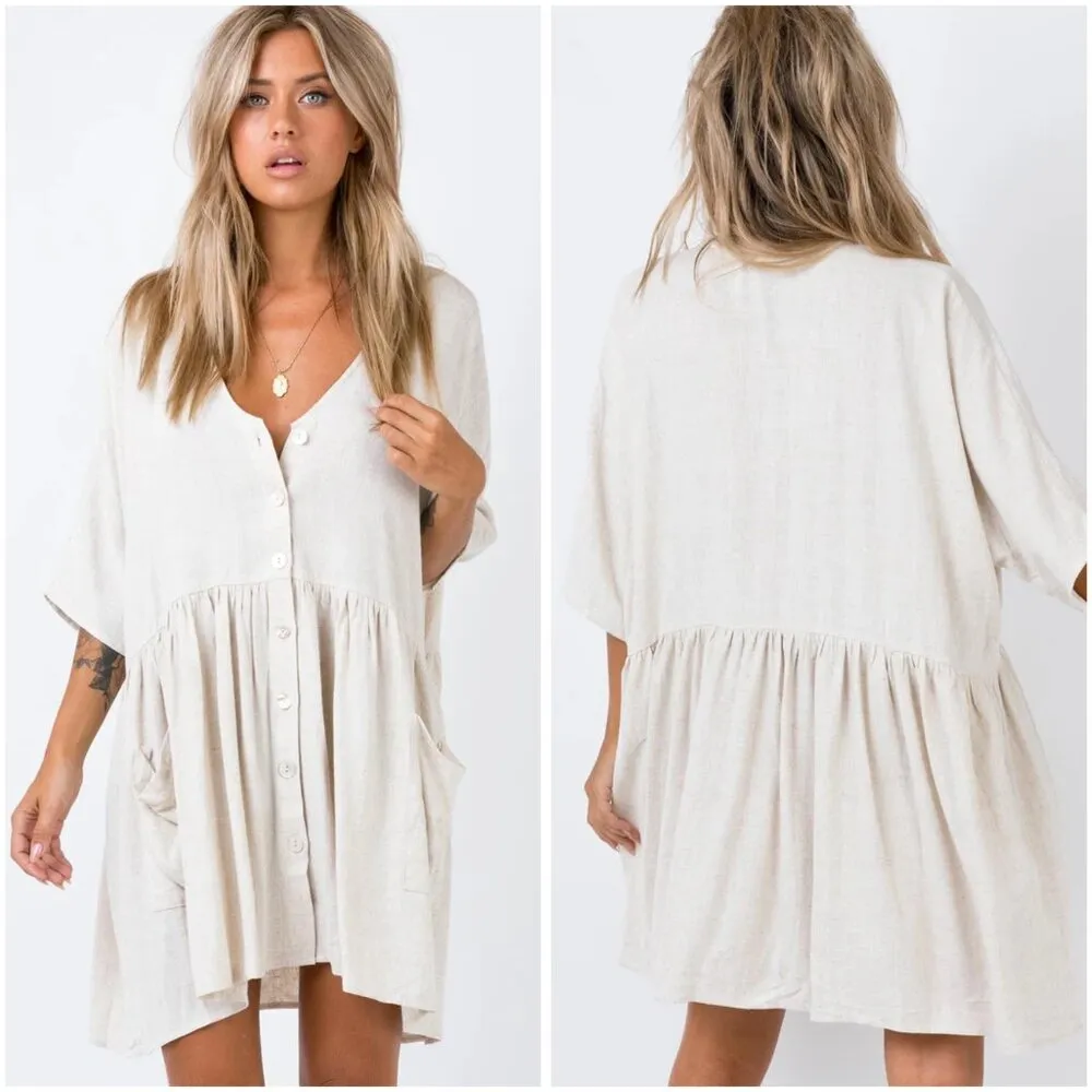 Princess Polly The Sandy Mini Oversized Dress Natural Lower Impact Size S/M - Image 3