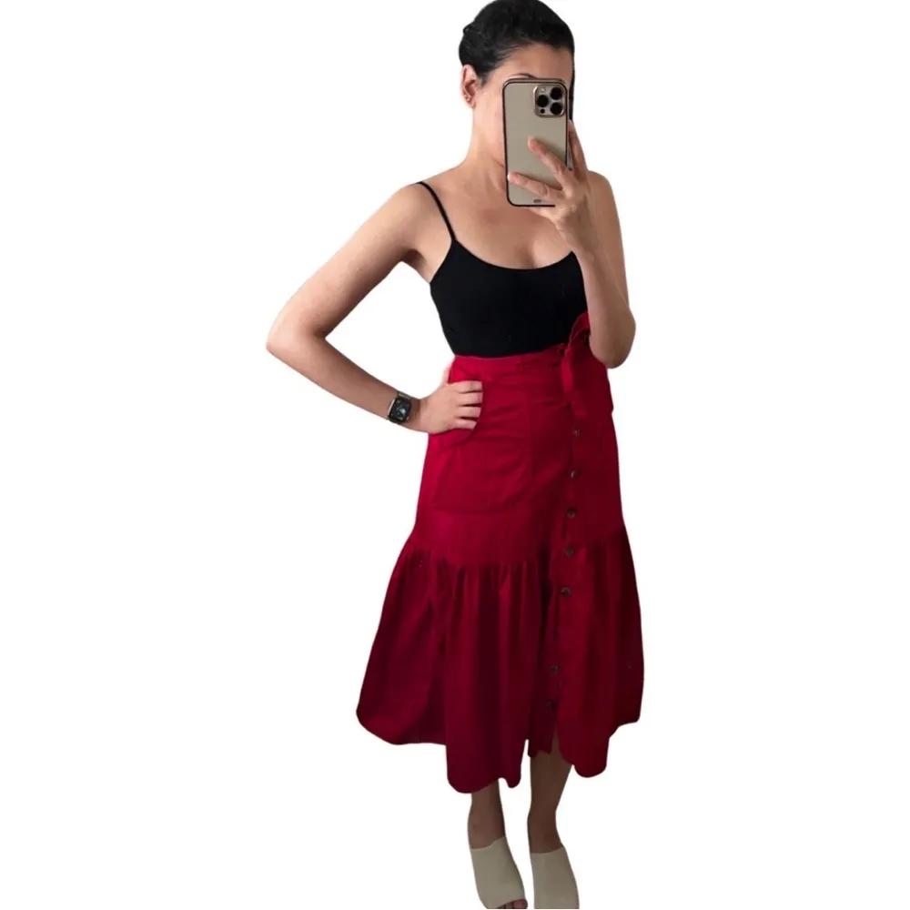 ANTHROPOLOGIE AMADI Aisha 100% Cotton Flounced Midi Skirt Red US 4 - Image 84