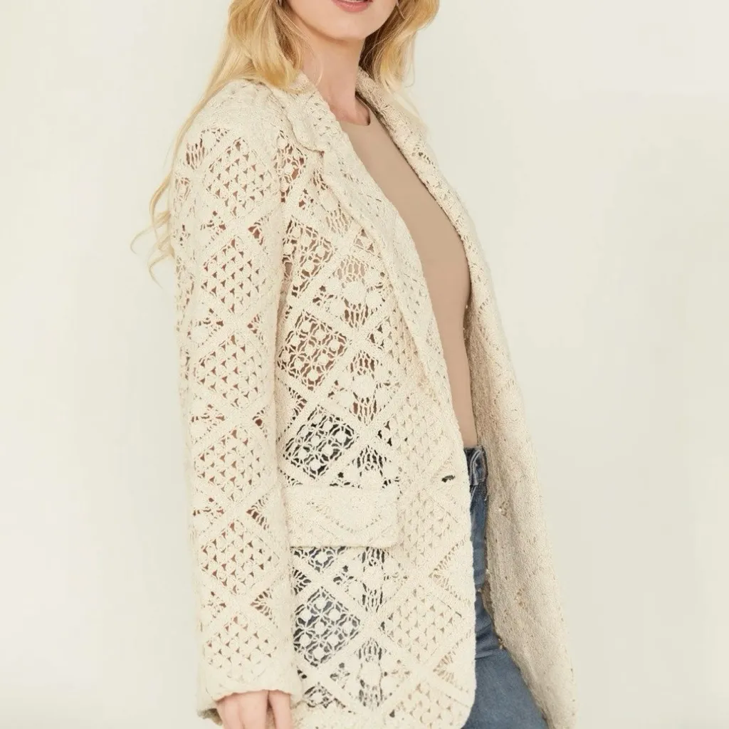 Miss Me Crochet Lace Blazer Jacket Cream Cotton Semi Sheer Size XL Coastal Boho - Image 8
