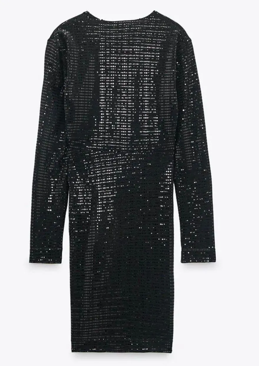 NWT  Shiny Shimmer Appliqué Draped Mini Dress - Image 7