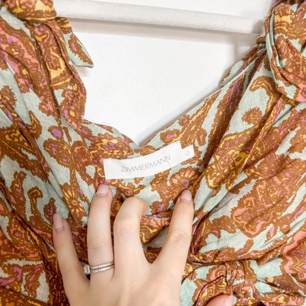 Zimmermann Tiggy Bow Cold Shoulder Paisley Mini Dress Linen - Image 6