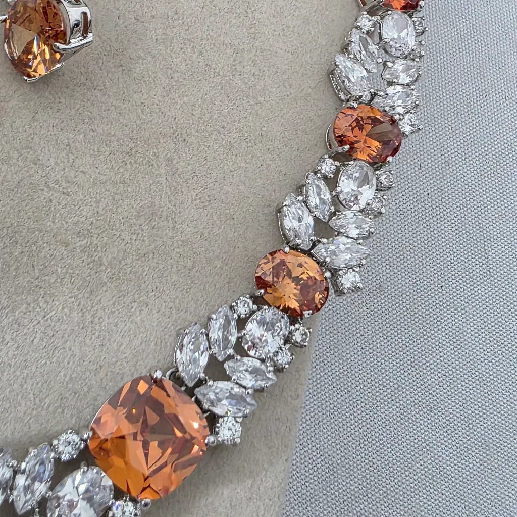 Silver Rhodium with Orange And Clear Zirconia Neckalce and Earrings Set - Image 7