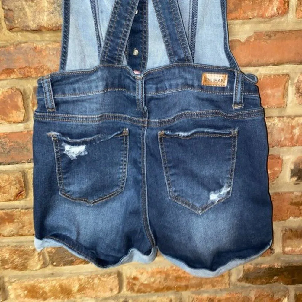 EnJean Dark Wash Blue Denim Distressed Shortalls Women's Size Small - Image 3