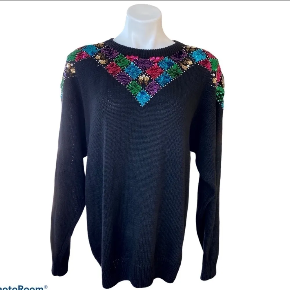 BONNIE EVANS Vintage 80’s Black Sequin Sweater Size M Size M - Image 2