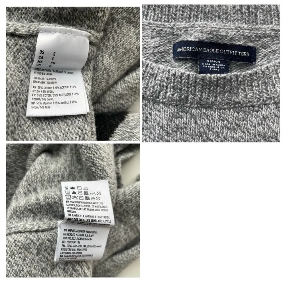 AEO American Eagle Crew Neck Sweater Gray Marled Size Small Stripe Wool Blend - Image 2