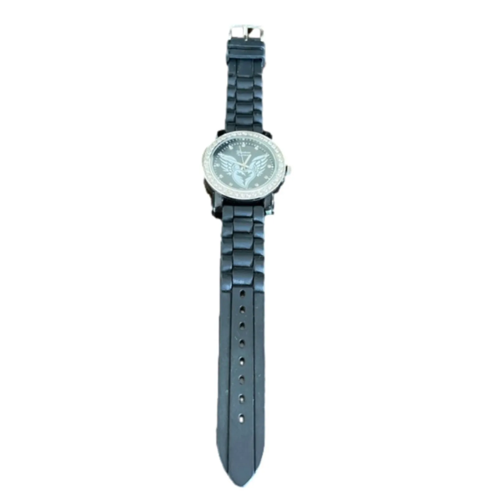 ⭐️ Geneva‎ Platinum Heart With Wings Black Rubber Unisex Watch Stainless Steel - Image 2