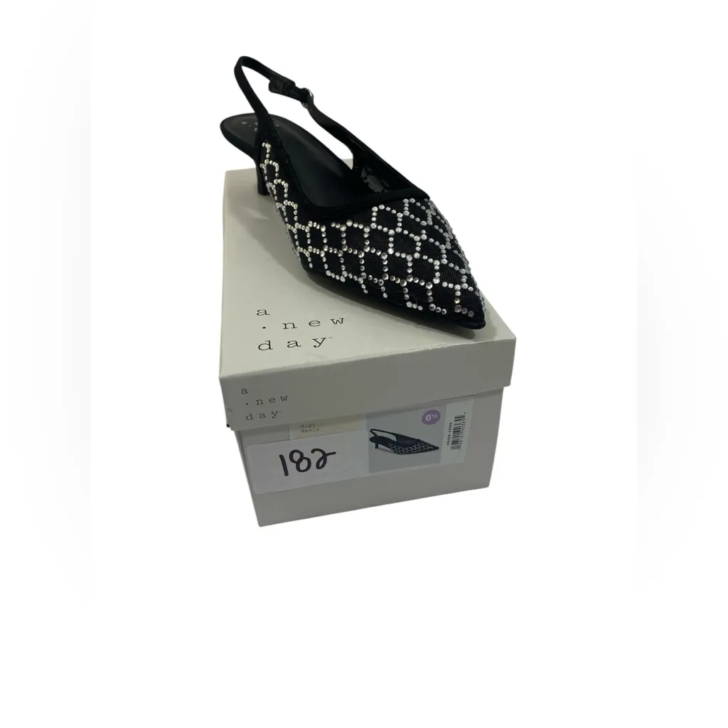 A New Day Women’s 6.5 Slingback Kitten Heels Black Mesh Rhinestone Pointed Toe - Image 8