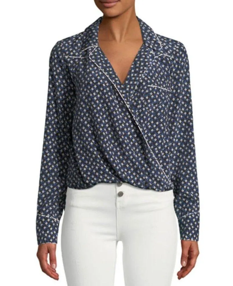 Veronica Beard Worth Silk Blouse Size 8 Floral Black Blue Flowy V-neck Faux Wrap - Image 2