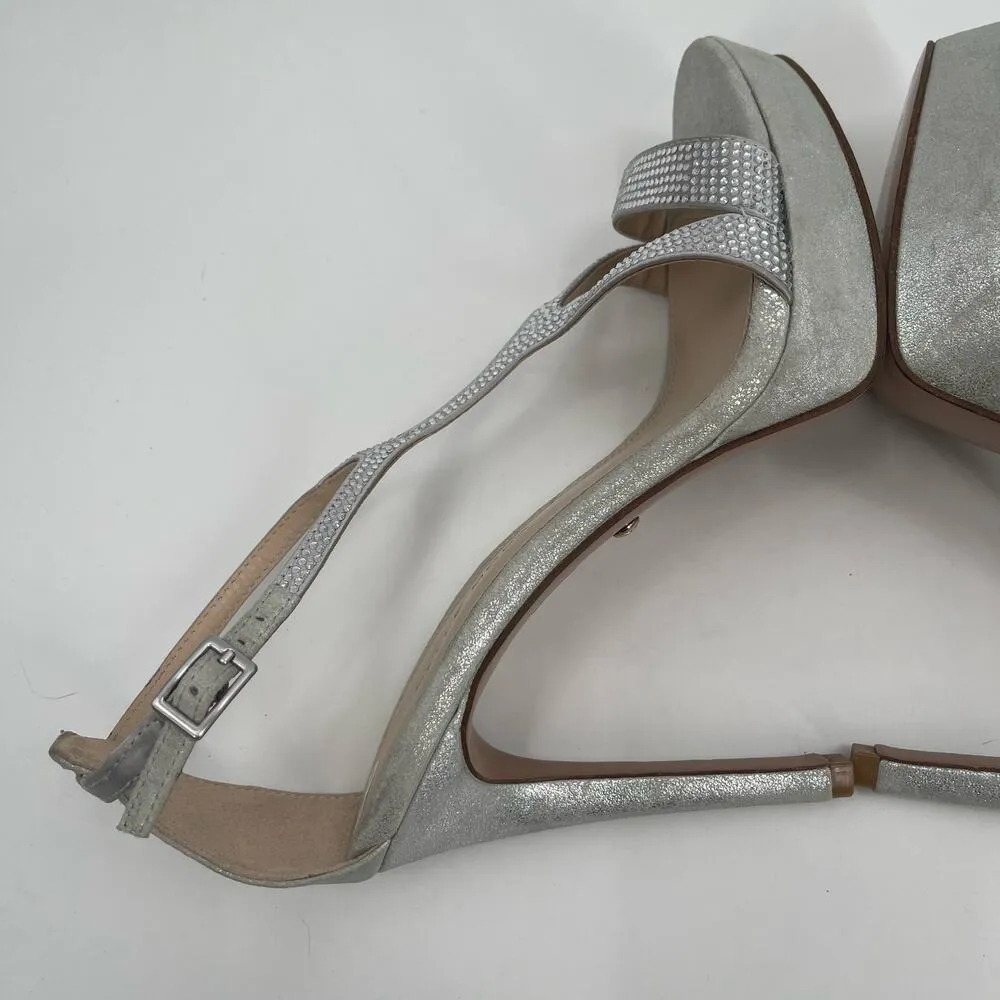 PELLE MODA Heels Size 8 Onora Platform Silver Rhinestone Crystals Strappy Ankle - Image 5