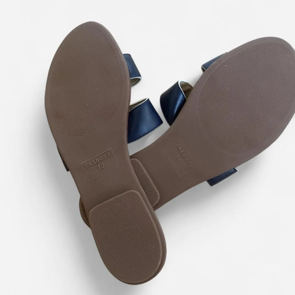 Talbots Black Leather Slide Sandals Size 10 | Classic H Cutout Flat Slides - Image 2