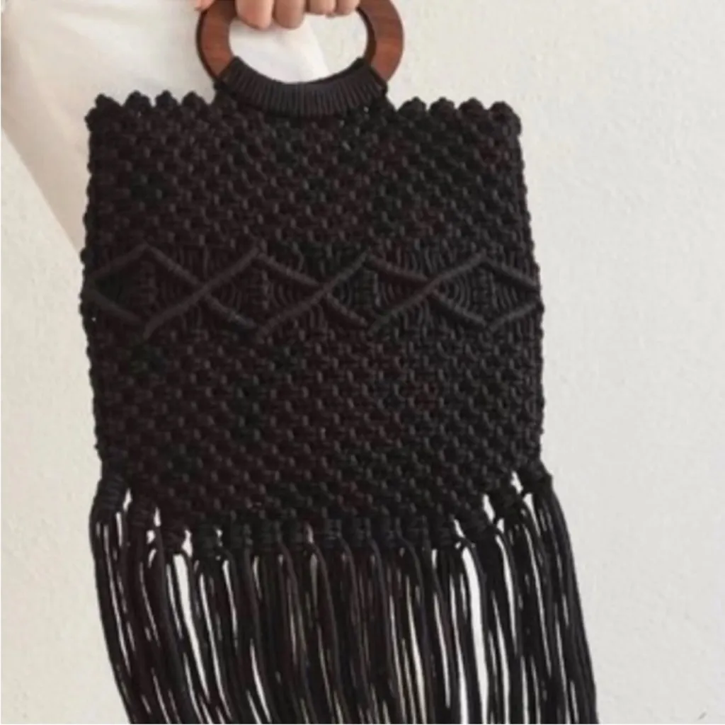 EUC Danielle Nicole Black Crochet Macrame Boho Bag with Fringe & Wooden Handle - Image 8