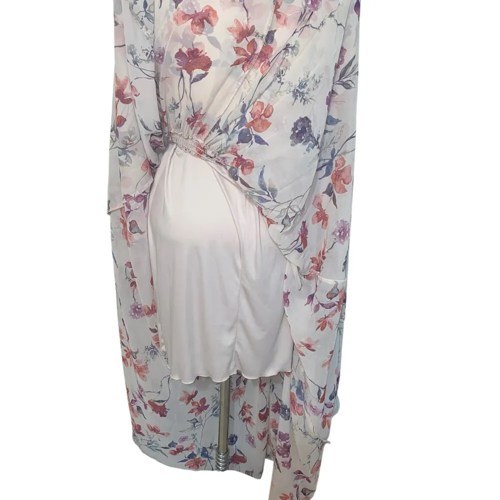 Kate and Lily Sheer White Floral Print Long Sleeve Surplice V - Image 3