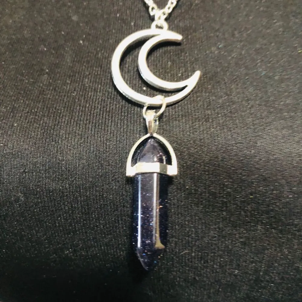 Women's Crystal Moon Stone Chakra Pendant Necklace Silver Metal Jewelry NWOT Black - Image 2