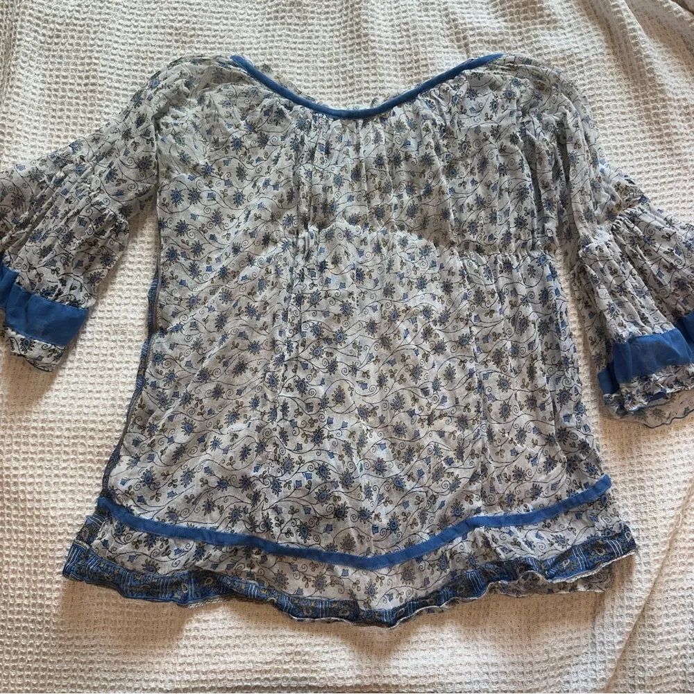 Poupette St Barth Womens floral top blouse flowy tunic white blue gauzy shirt OS Size undefined - Image 6