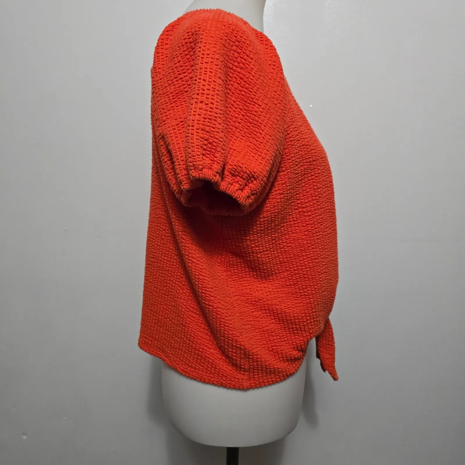 LOFT Orange Tie-Front Top Square Neck Puff Short Sleeve Blouse Medium - Image 3