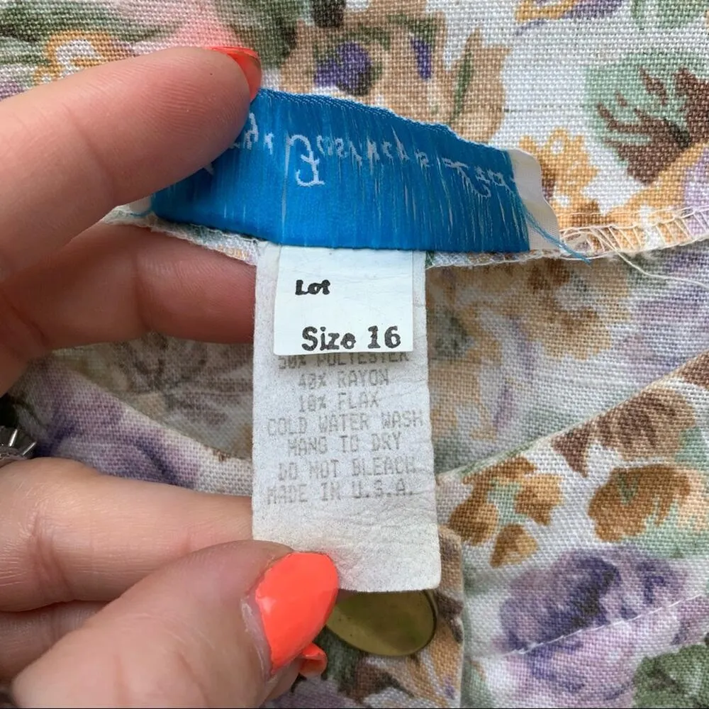 Vintage 80s Meryl Fashions flax blend floral gorpcore shirt dress MEDIUM? Purple - Image 10